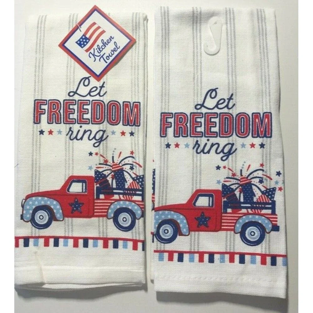 July 4th Kitchen Dish Towels Set of 2 Let Freedom Ring Red Farm Truck Fireworks